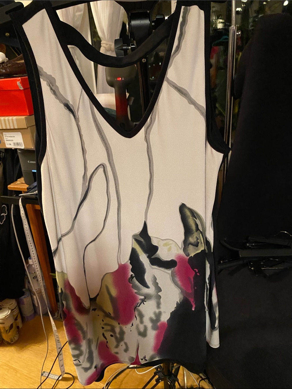Picadilly Fashion White Tank Top with Pink & Black Abstract Print